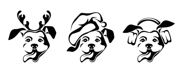 Vector Black Silhouettes Dogs Wearing Christmas Hat Reindeer Antlers Earmuffs — Stock Vector