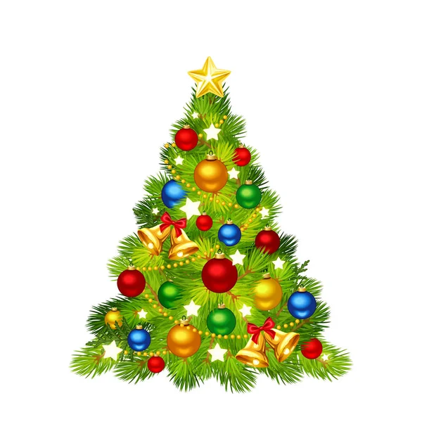 カラフルなボールや鐘や白い背景で隔離輝く星で飾られたベクトル クリスマス ツリー — ストックベクタ