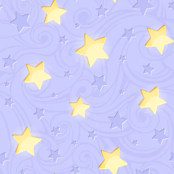 Nahtloses Muster mit leuchtenden Sternen auf Purpur. Vektorillustration. — Stockvektor