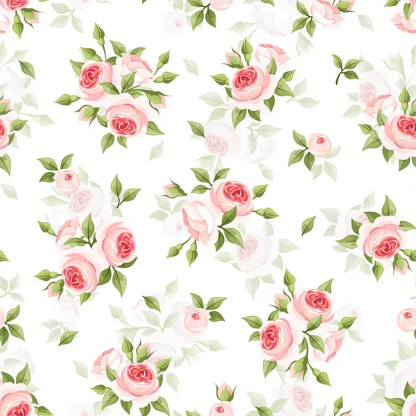 Patrón Sin Costura Vectorial Con Rosas Rosadas Sobre Fondo Blanco — Archivo Imágenes Vectoriales