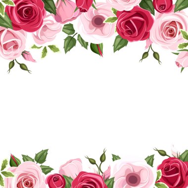 Kırmızı ve pembe güller ve lisianthus çiçekler ve yeşil yaprakları ile vektör arka plan.