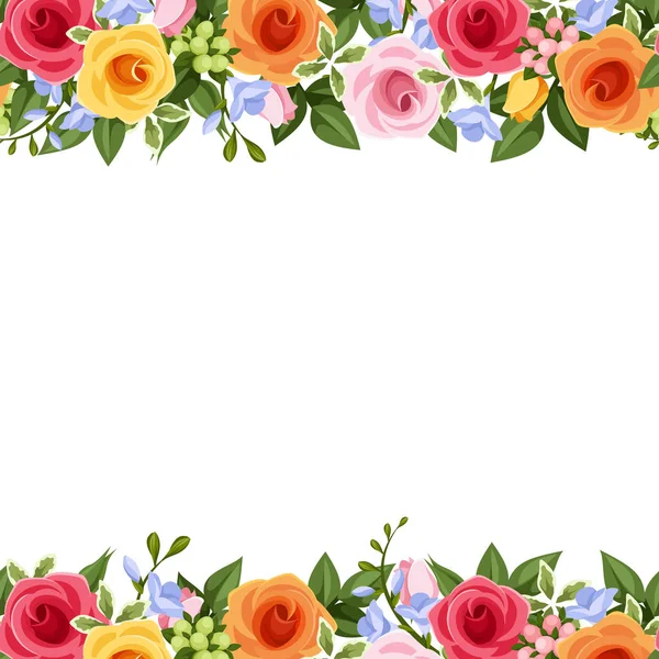 ピンク オレンジと黄色のバラ ブルー フリージアの花 白い背景に緑の葉を持つベクトル水平シームレス背景 — ストックベクタ