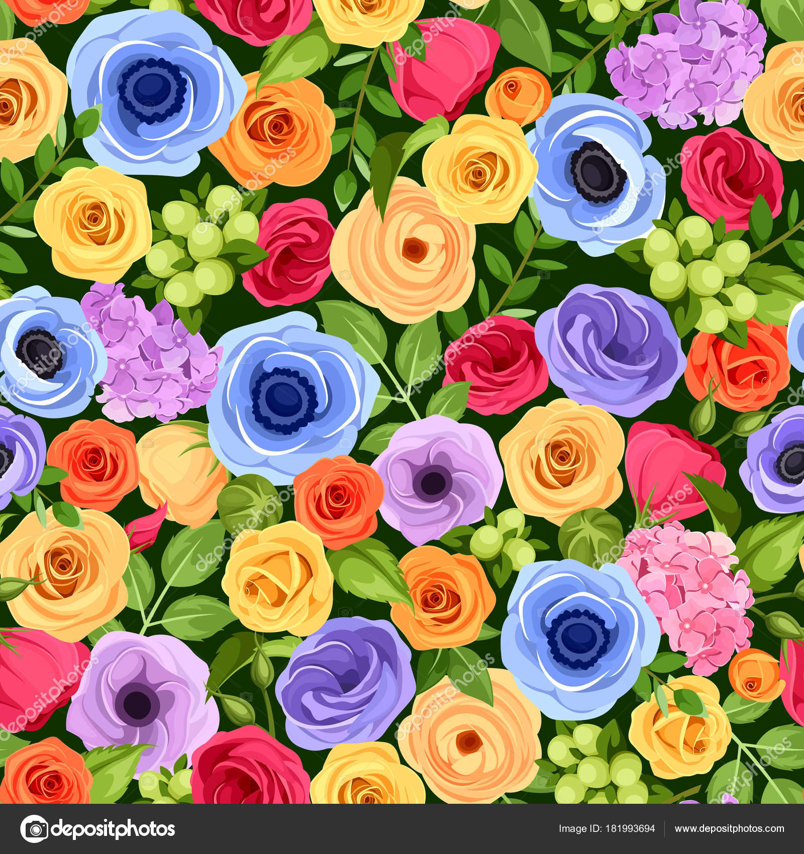 Vector Seamless Background Red Orange Yellow Blue Purple Flowers Green Vector Image By C Naddya Vector Stock