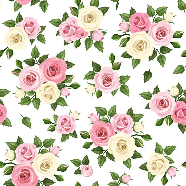 Vector Seamless Pattern Pink White Roses White Background — Stock Vector