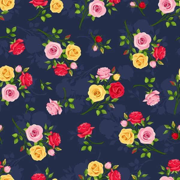 Vector Seamless Pattern Red Pink Yellow Roses Dark Blue Background — Stock Vector