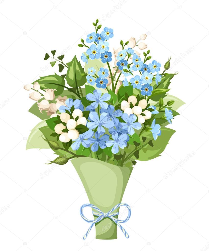 Vector bouquet of blue and white forget-me-not, lily of the valley and plumbago flowers.