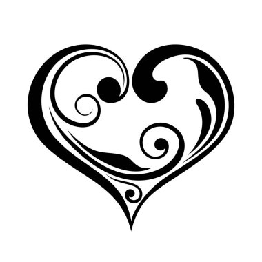 Vektör siyah beyaz bir arka plan üzerinde izole bir kıvırcık kalp silüeti.