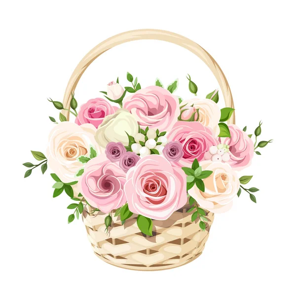 Panier Vectoriel Beige Avec Roses Roses Blanches Isolé Sur Fond — Image vectorielle