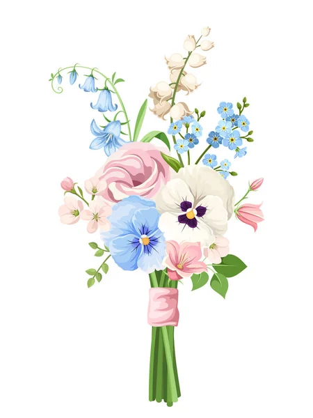 白色背景上的粉红色 蓝色和白色春天花朵的矢量花束 — 图库矢量图片