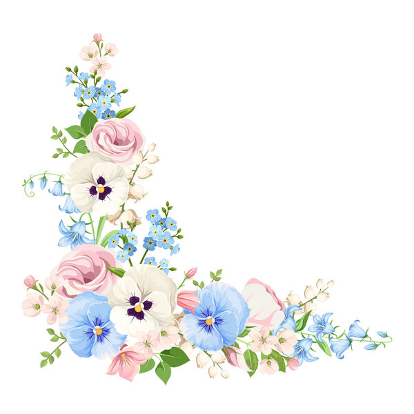 Vector corner background with pink, blue and white spring flowers.