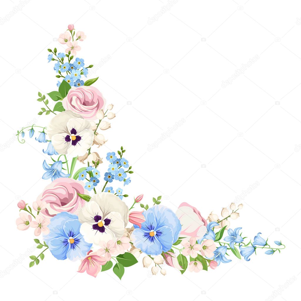 Vector corner background with pink, blue and white spring flowers.