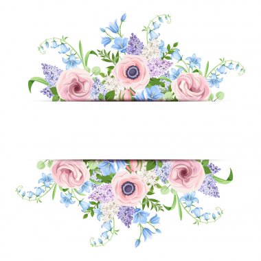 Pembe, mavi ve mor çiçekler ile vektör banner.