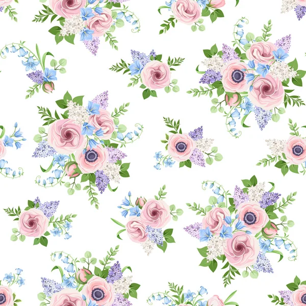 Vector Seamless Pattern Pink Blue Purple Flowers White Background — Stock Vector