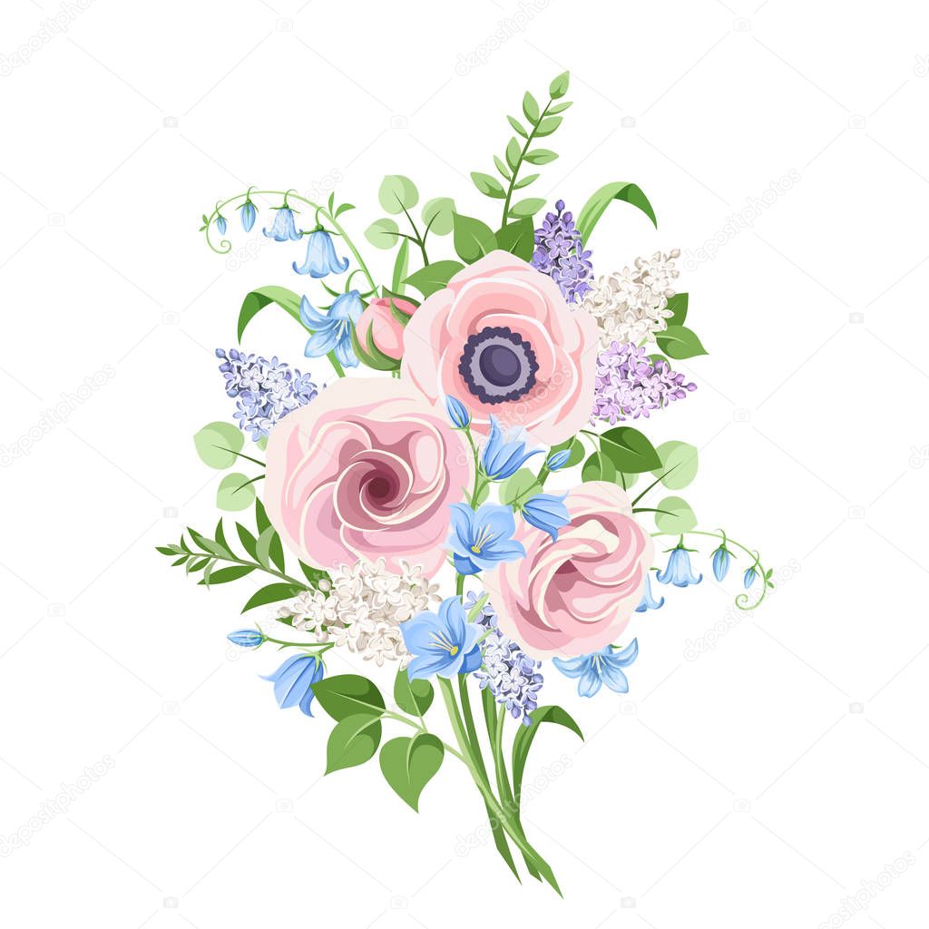 Vector bouquet of pink, blue and purple flowers isolated on a white background.