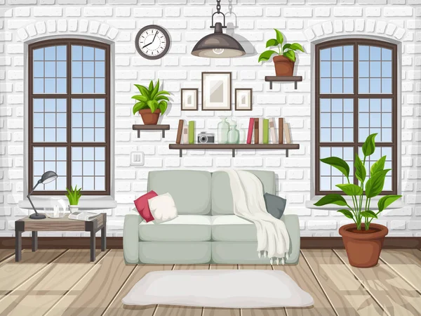 Vector Loft Living Room Interior White Brick Wall Big Windows — Stock Vector