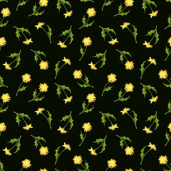 Vector Seamless Pattern Yellow Dandelion Flowers Dark Green Background — Stock Vector