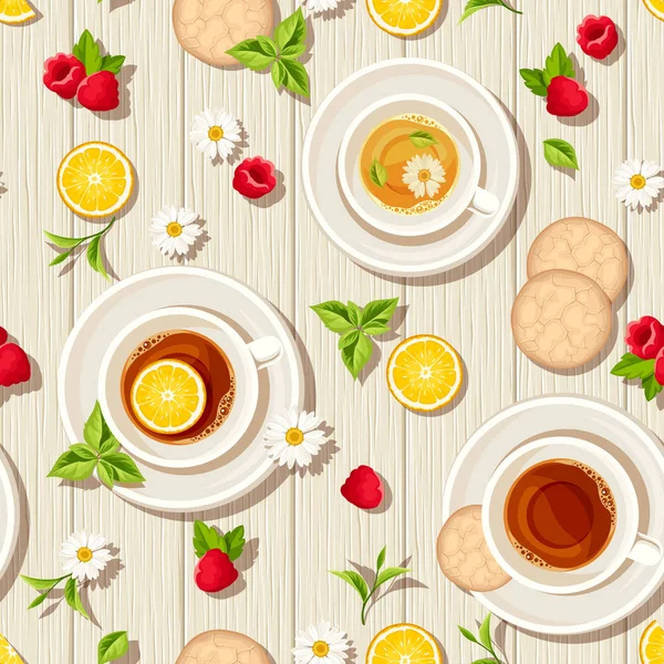 Motif Vectoriel Sans Couture Avec Des Tasses Thé Biscuits Citrons — Image vectorielle