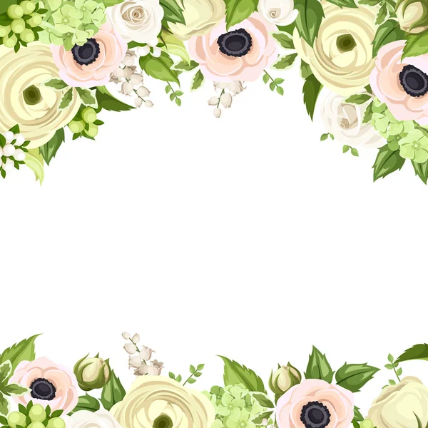 Vektor Grußkarte Mit Rosa Und Weißen Rosen Anemonen Hahnenfuß Hortensien — Stockvektor