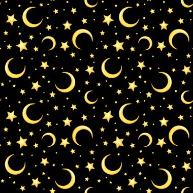 Sarı yıldız ve hilal siyah bir arka plan ile vektör seamless modeli.