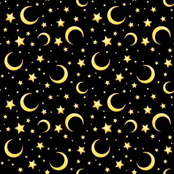 Vector Seamless Pattern Yellow Stars Crescents Black Background — Stock Vector