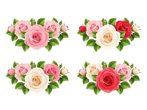 Vector Set Red Pink White Roses Isolated White Background — Stock Vector
