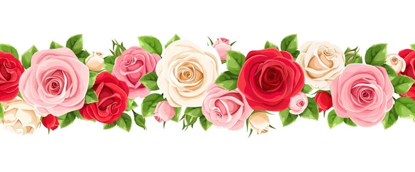 Vector Horizontal Seamless Garland Red Pink White Roses Green Leaves — Stock Vector