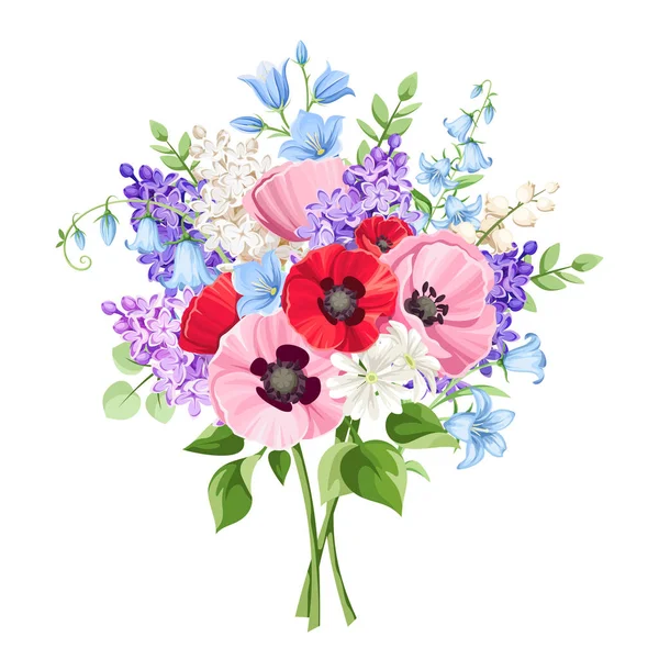 粉红色 蓝色和紫色的罂粟花 紫色的花朵和风信子在白色背景下分离的矢量花束 — 图库矢量图片