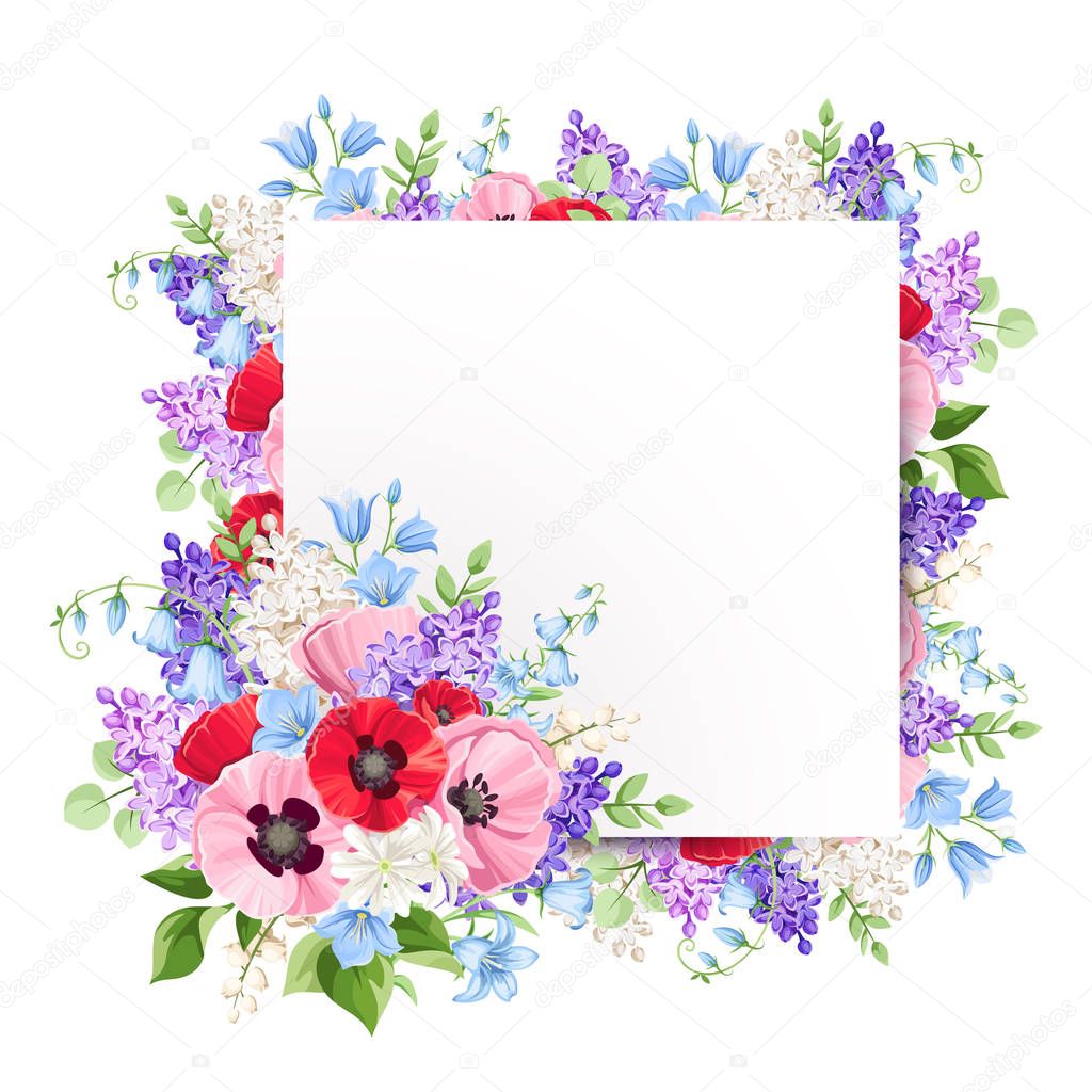 Vector greeting card with red, pink, blue and purple poppies, lilac flowers and bluebells.
