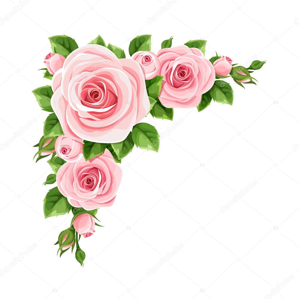 Download Vector Corner Background Pink Roses Green Leaves — Stock ...