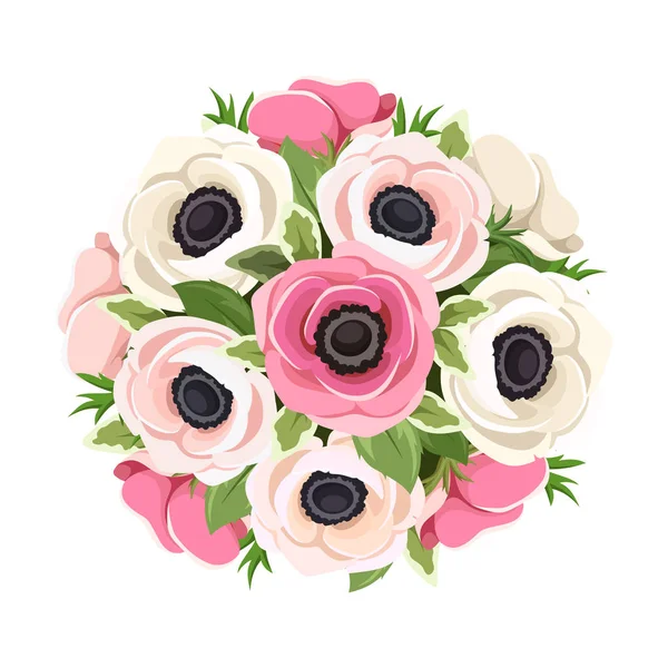 Vektorstrauß Aus Rosa Und Weißen Anemonenblüten Isoliert Auf Weißem Hintergrund — Stockvektor
