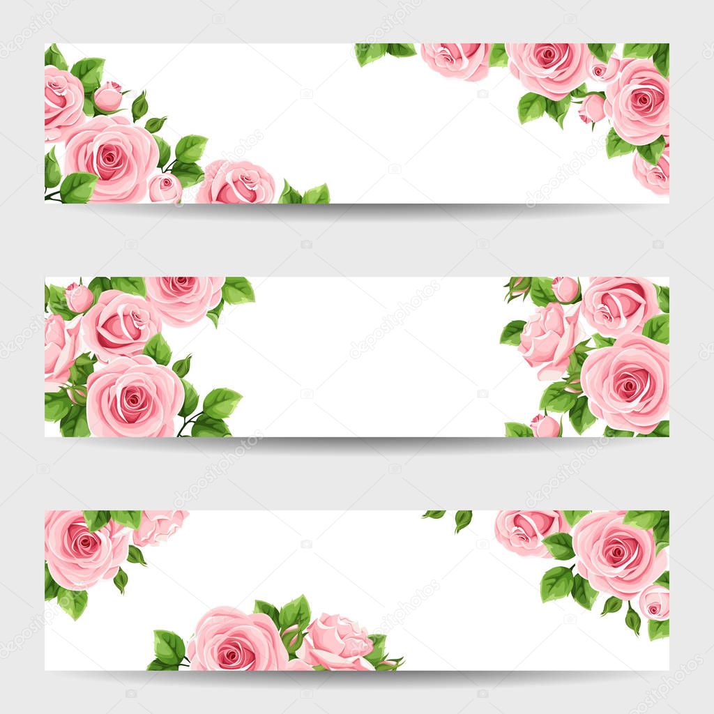 Set of thee vector web banners with pink roses.