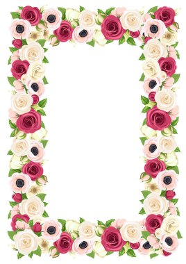 Vektör arka plan çerçeve kırmızı, pembe ve beyaz güller, lisianthuses ve anemon çiçeği çiçek.
