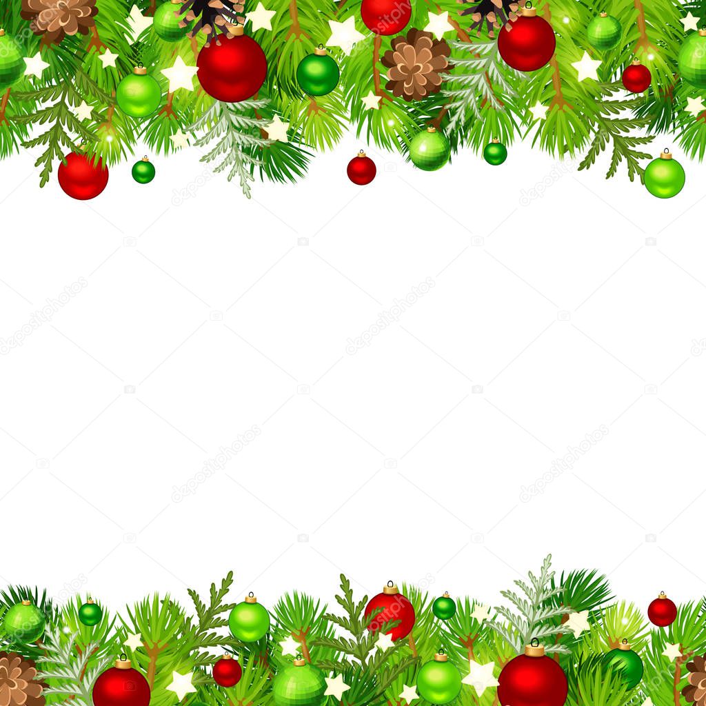 Vector Christmas horizontal seamless background with fir branches, red and green balls, cones and stars.