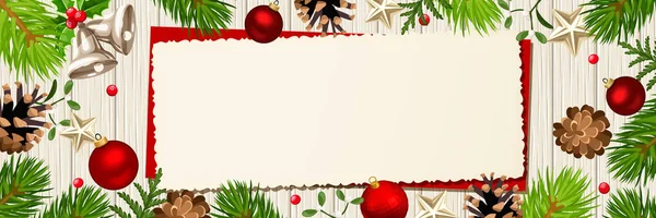 木制背景上有松树枝条 球果和蚜虫的矢量水平圣诞横幅 — 图库矢量图片