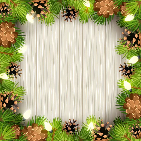 带有绿色冷杉树枝 灯和木制背景圆锥的矢量圣诞框架 — 图库矢量图片