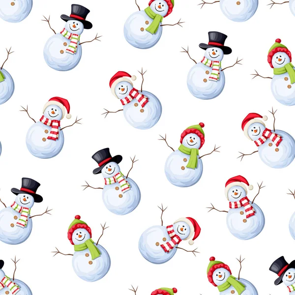 Векторный Рождественский Бесшовный Узор Снеговиками Белом Фоне — стоковый вектор