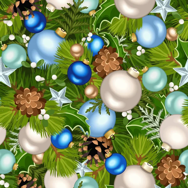 Vektor Weihnachten Nahtlosen Hintergrund Mit Blauen Grünen Und Silbernen Dekorationen — Stockvektor