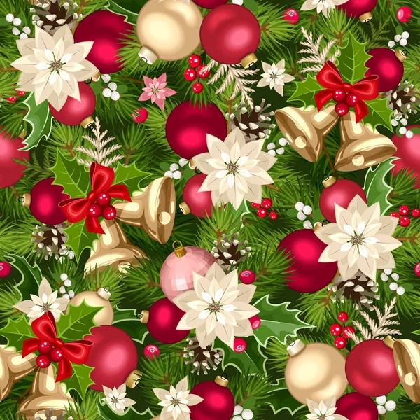 Fondo Sin Costuras Vector Christmas Con Decoraciones Rojas Rosas Doradas — Vector de stock