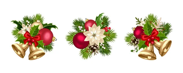一套三套矢量圣诞装饰品 装饰有红色和金色球 一品红花 冷杉树枝 冬青和寄生趾 白色背景隔离 — 图库矢量图片