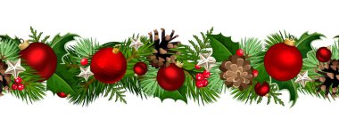 Köknar ağacı dalları, kırmızı toplar, kutsal ve kozalaklı vektör Noel süsleri.