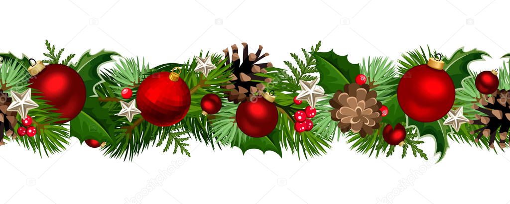 Vector Christmas horizontal seamless garland with fir-tree branches, red balls, holly and pinecones.
