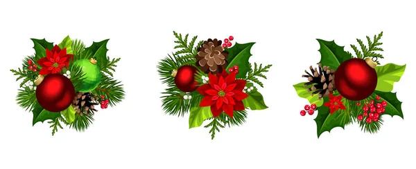 Set Three Vector Christmas Decorations Red Green Balls Poinsettia Flowers — Stock Vector