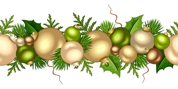 Векторная Рождественская Горизонтальная Бесшовная Гирлянда Золотыми Зелеными Шариками Елками — стоковый вектор