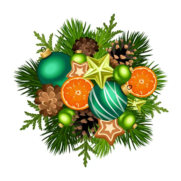 Vector Christmas Decoration Green Balls Fir Tree Branches Pinecones Stars — ストックベクタ