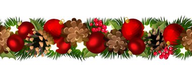Köknar ağacı dalları, kırmızı toplar, çam kozalakları ve yıldızlı vektörsüz Noel çelengi.