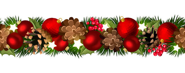 Vector Christmas horizontal seamless garland with fir-tree branches, red balls, pinecones and stars.