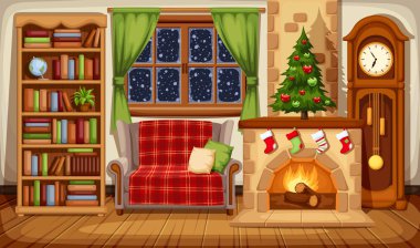 Şöminesi, kanepesi, kitaplığı, saati ve köknar ağacı olan bir Noel salonunun vektör çizimi.
