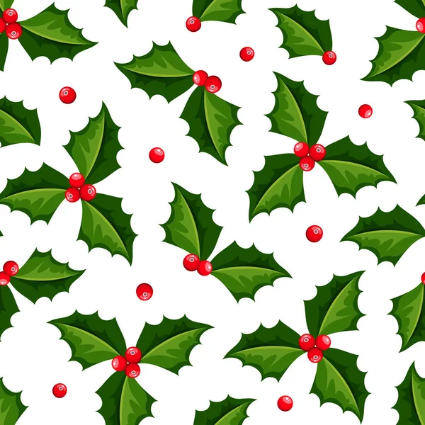 Vector Christmas Seamless Pattern Holly Berries Leaves White — Stock Vector
