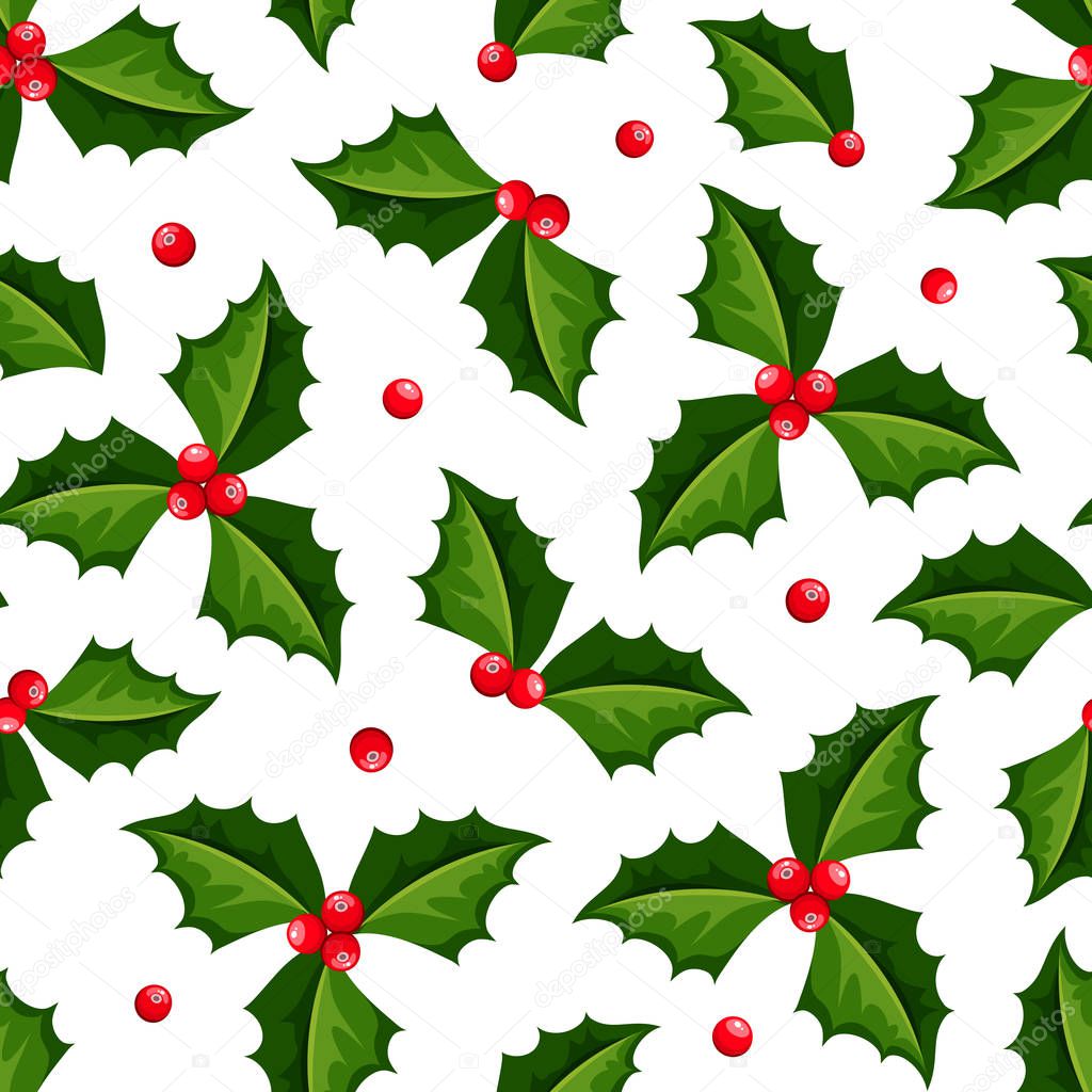 Vector Christmas seamless pattern with holly berries and leaves on white.