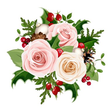 Beyaz arkaplanda pembe ve beyaz güller, güller, güllük gülistanlık böğürtlenler, köknar dalları ve kozalaklar bulunan vektör Noel buketi.